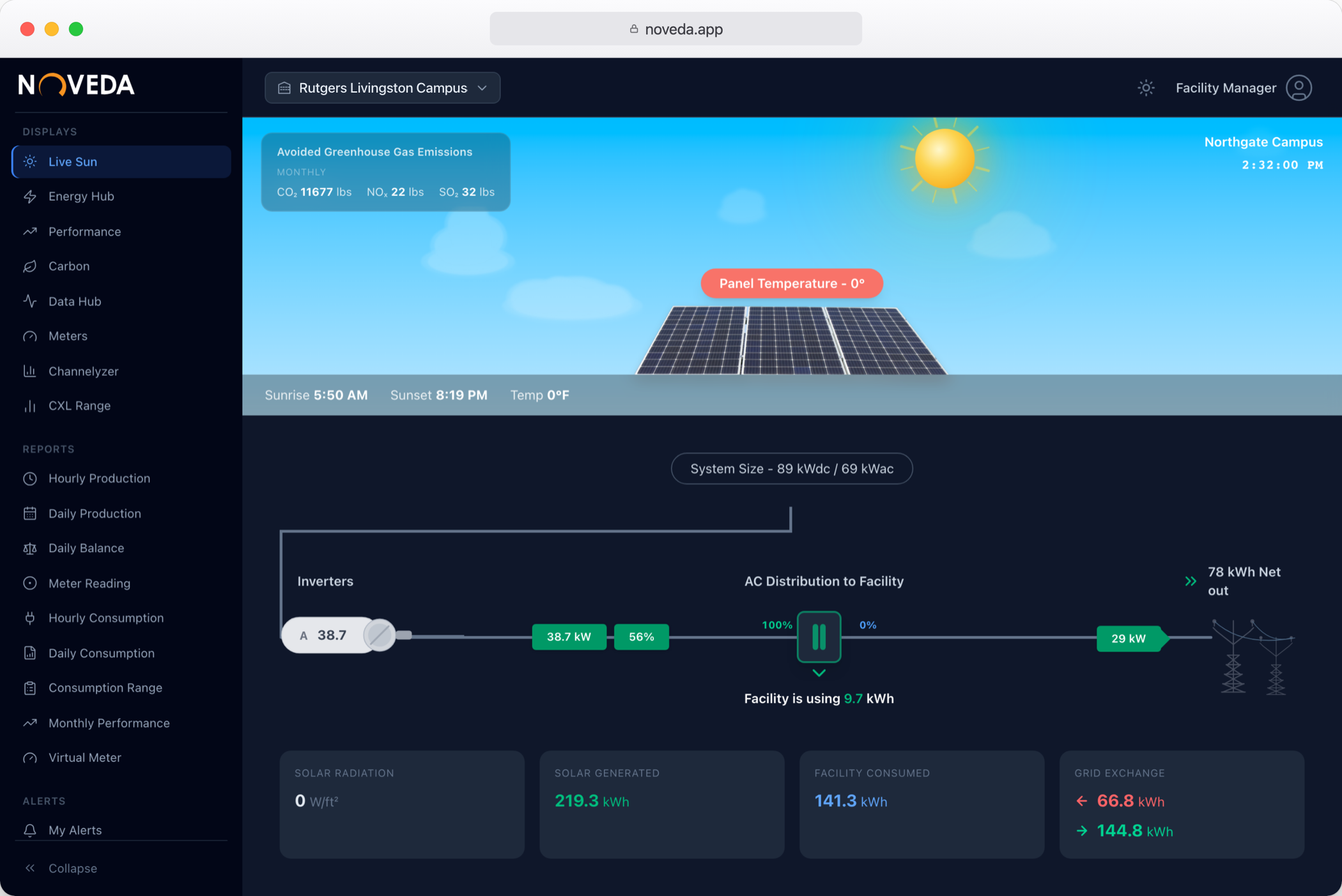 SunFlow Monitor showing live solar generation and grid exchange